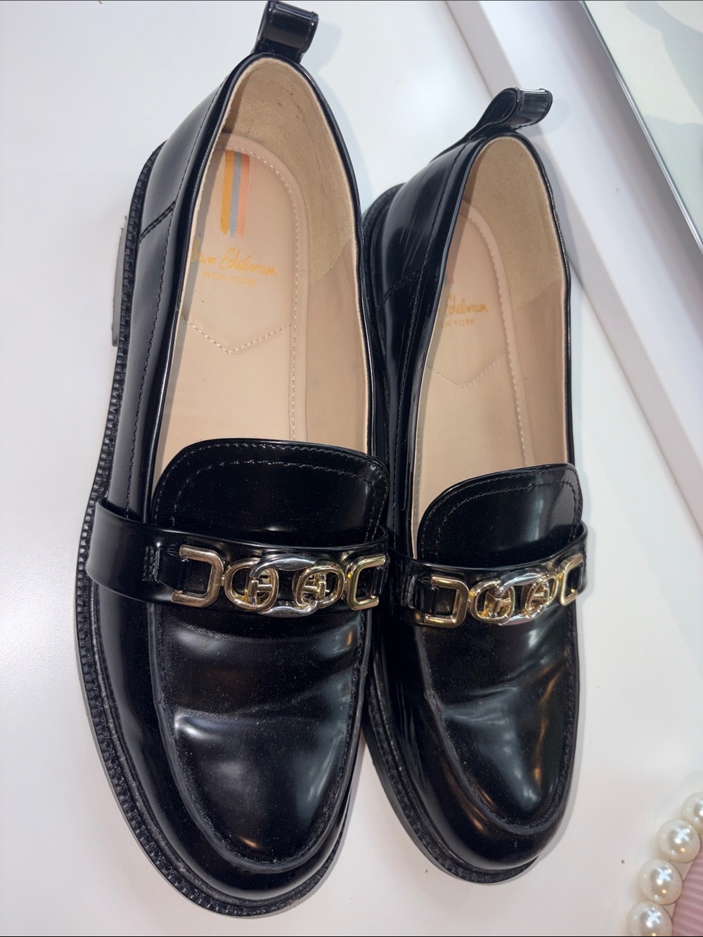 Sam Edelman Black Patent Loafers with Gold Chain Trim